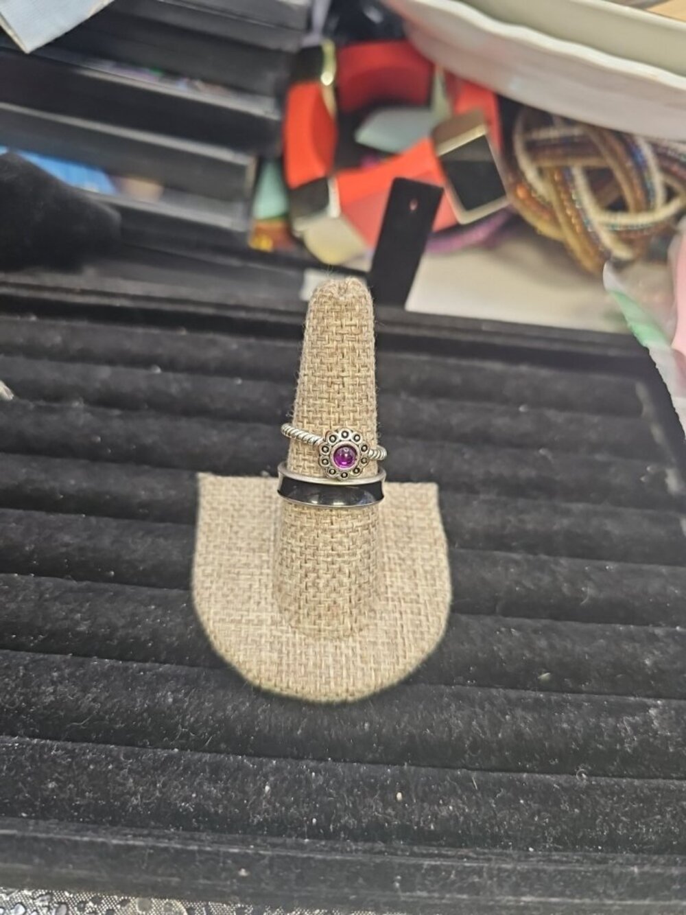 Rings Lot Of 2 Silvertone Band With Black Size 8.75 Purple Stone Size 6.75